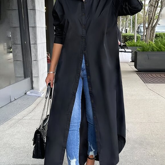 Passion Plus Size Elegant Button Up Long Sleeve Lapel Collar Shirt Dress - Picture 2 of 5